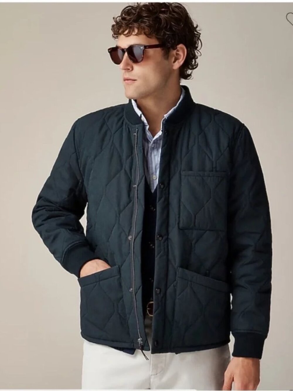 J Crew Navy Quilted Flight Jacket with PrimaLoft \ Sz L